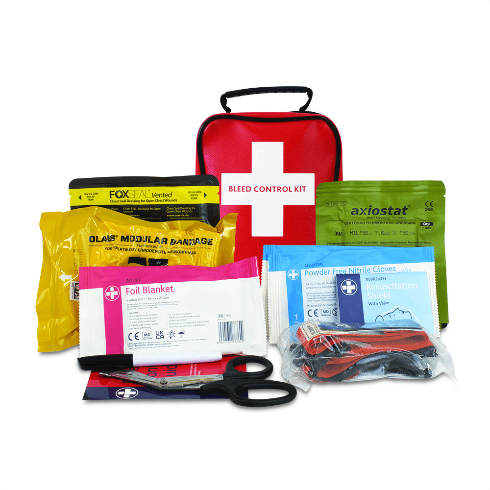 10052_traumafix_bleed_control_kit_-pro_contents Complete bleed control kit with tourniquet, chest seal, trauma dressings, and foil blanket for public emergency response