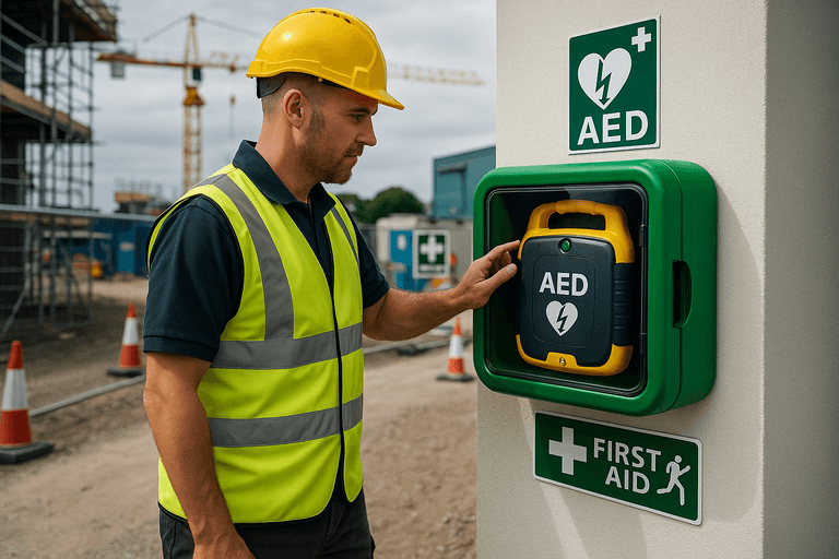 construction-site-aed-workplace-safety-compliance-defibsupplies-uk-hero.jpg Photorealistic AED installed at a UK construction site with safety signage, hard hats, high-vis vests, and compliance features visible.