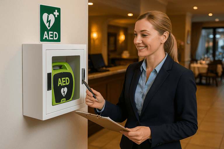 hospitality-venue-aed-safety-compliance.png Hotel staff member performing AED safety check at hospitality venue, ensuring compliance with UK workplace health and safety regulations.