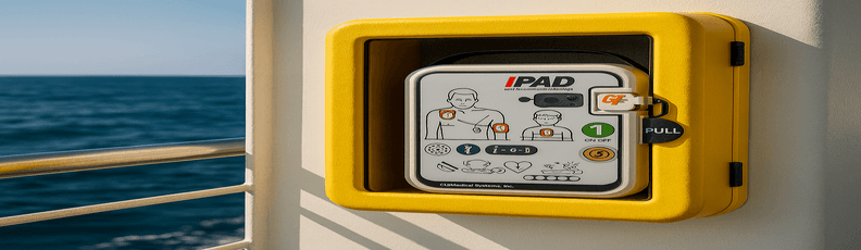 ipad-aed-cabinet-on-ship-marine-installation.png (2) iPAD defibrillator mounted in a yellow cabinet on a ship deck, designed for marine AED access and safety.